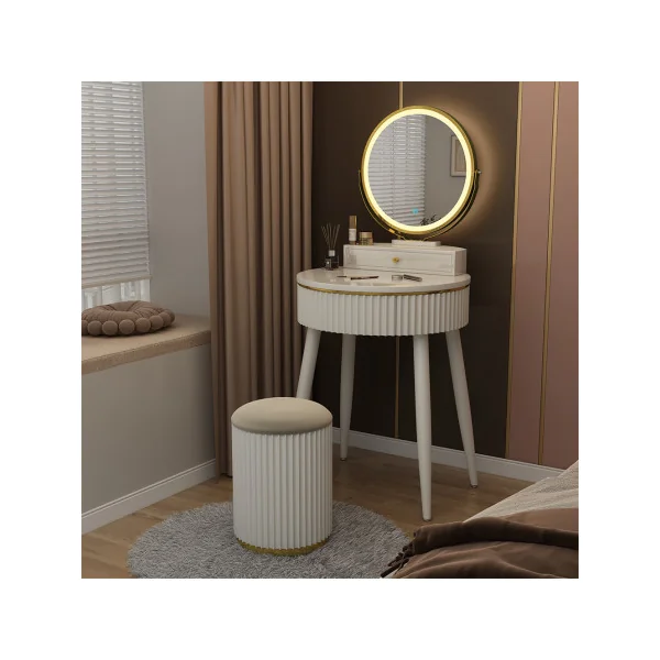 Table Maquillage Coiffeuse Blanche Design avec Miroir LED 2 Tiroirs Tabouret avec Rangement