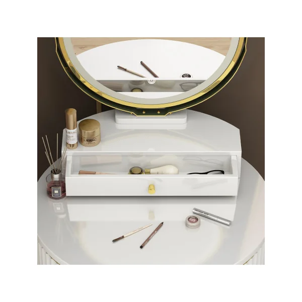 Table Maquillage Coiffeuse Blanche Design avec Miroir LED 2 Tiroirs Tabouret avec Rangement