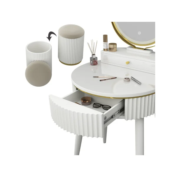 Table Maquillage Coiffeuse Blanche Design avec Miroir LED 2 Tiroirs Tabouret avec Rangement