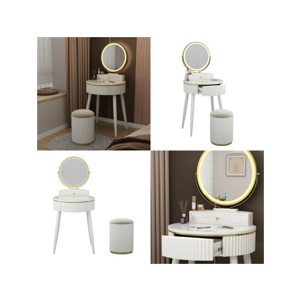 Table Maquillage Coiffeuse Blanche Design avec Miroir LED 2 Tiroirs Tabouret avec Rangement
