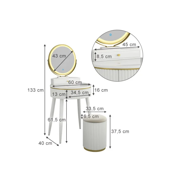 Table Maquillage Coiffeuse Blanche Design avec Miroir LED 2 Tiroirs Tabouret avec Rangement