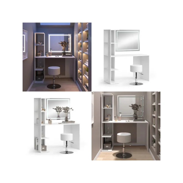 Table Maquillage Spacieuse Coiffeuse Blanche avec Miroir LED Design et Tabouret