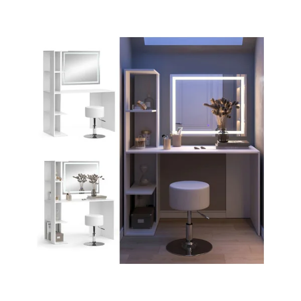 Table Maquillage Spacieuse Coiffeuse Blanche avec Miroir LED Design et Tabouret