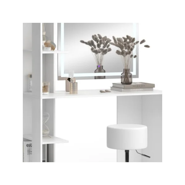 Table Maquillage Spacieuse Coiffeuse Blanche avec Miroir LED Design et Tabouret