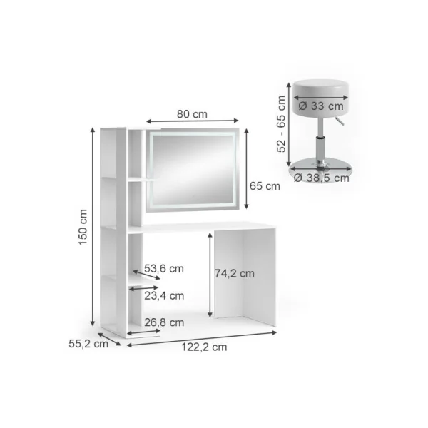 Table Maquillage Spacieuse Coiffeuse Blanche avec Miroir LED Design et Tabouret