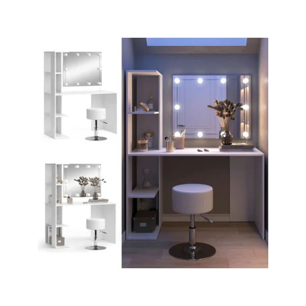Table Maquillage Spacieuse Coiffeuse Blanche avec Miroir LED et Tabouret