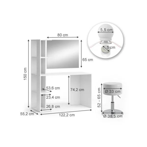 Table Maquillage Spacieuse Coiffeuse Blanche avec Miroir LED et Tabouret