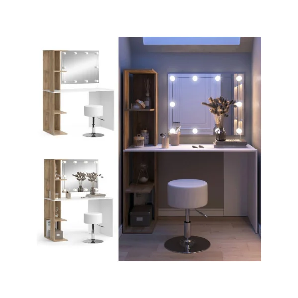 Table Maquillage Spacieuse Coiffeuse Blanche et Chêne avec Miroir LED et Tabouret
