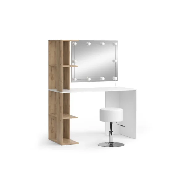 Table Maquillage Spacieuse Coiffeuse Blanche et Chêne avec Miroir LED et Tabouret