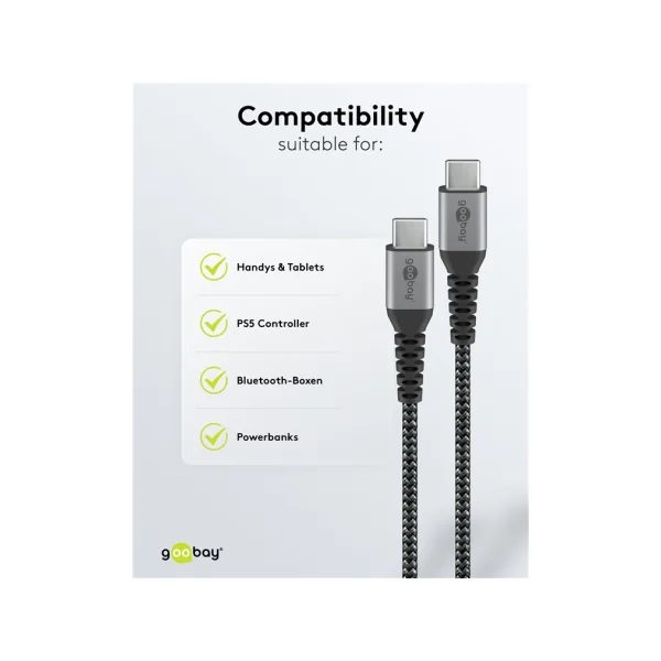 USBC-USBC Goobay Câble USB-C vers USB-C Textile 1m – Charge Rapide 60W avec Connecteurs Métalliques