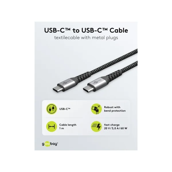USBC-USBC Goobay Câble USB-C vers USB-C Textile 2m – Charge Rapide 60W avec Connecteurs Métalliques
