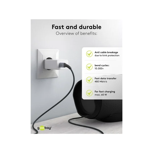 USBC-USBC Goobay Câble USB-C vers USB-C Textile 2m – Charge Rapide 60W avec Connecteurs Métalliques