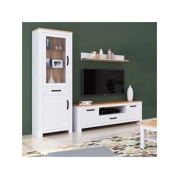 Vitrine de Salon Blanc et Chêne 2 Portes 1 Tiroir Buffet Haut Armoire de Salon Vaisselier