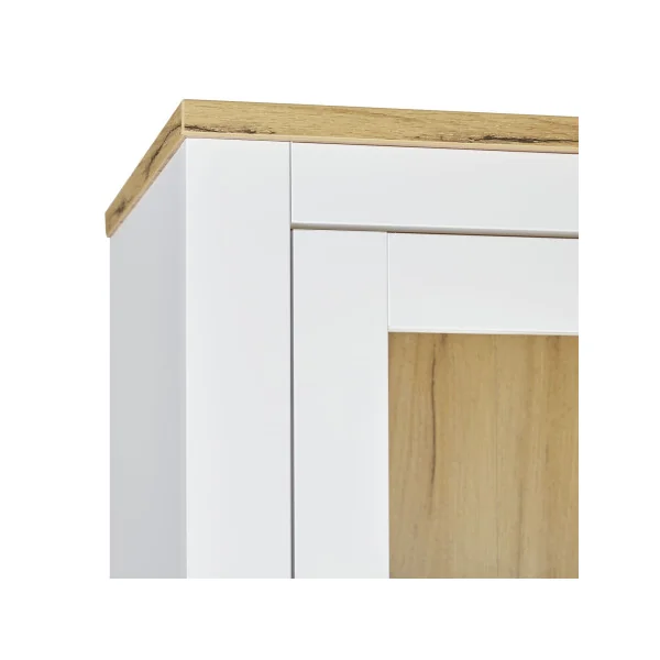 Vitrine de Salon Blanc et Chêne 2 Portes 1 Tiroir Buffet Haut Armoire de Salon Vaisselier