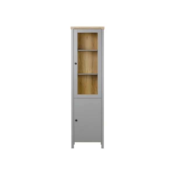 Vitrine de Salon Grise et Chêne 2 Portes Buffet Haut Armoire de Salon Vaisselier