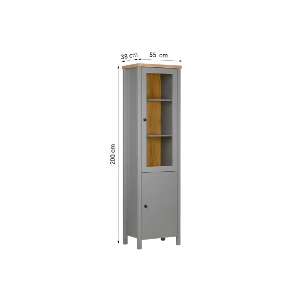 Vitrine de Salon Grise et Chêne 2 Portes Buffet Haut Armoire de Salon Vaisselier
