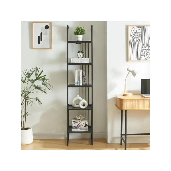 Étagère Echelle Noir Bois et Acier 5 niveaux Etagère de Rangement Ouverte Moderne