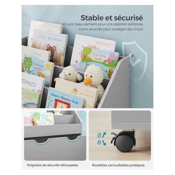 Étagère Grise Livres Montessori Bibliothèque Enfant 3 niveaux 1 Tiroir Coulissant Mobile