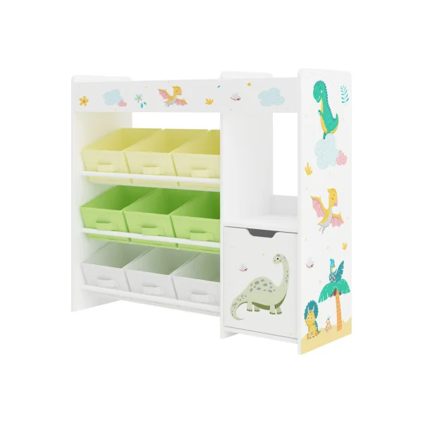 Étagère Jouets pour Enfant Rangement Livres Thème Dinosaure 9 Bacs Amovibles