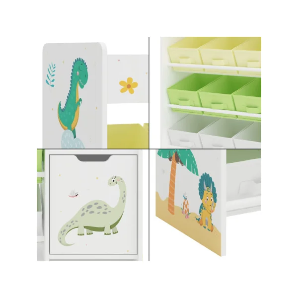 Étagère Jouets pour Enfant Rangement Livres Thème Dinosaure 9 Bacs Amovibles