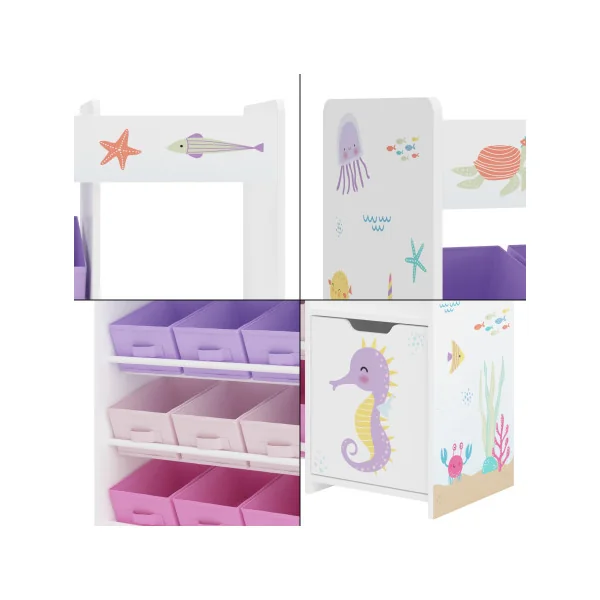 Étagère Jouets pour Enfant Rangement Livres Thème Océan 9 Bacs Amovibles