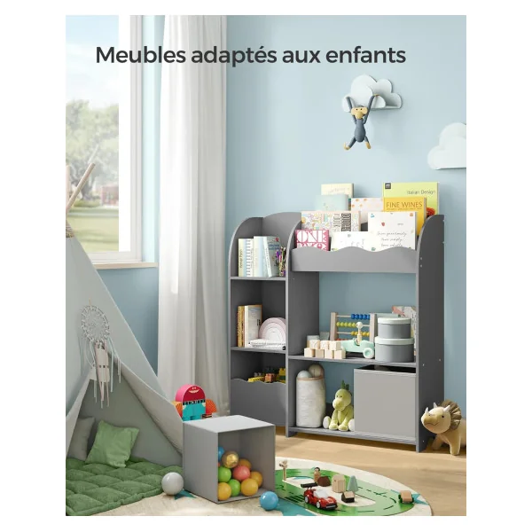 Étagère Livres Gris 3 niveaux et 2 Boites de Rangement Bibliothèque Enfant