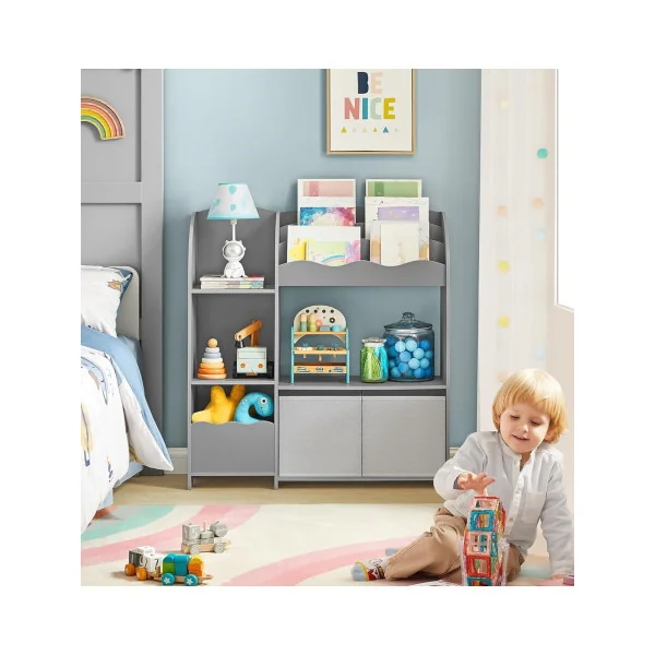 Étagère Livres Gris 3 niveaux et 2 Boites de Rangement Bibliothèque Enfant