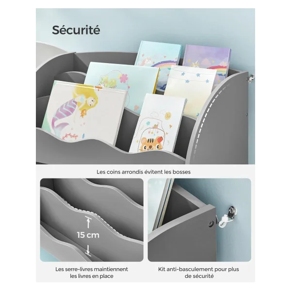 Étagère Livres Gris 3 niveaux et 2 Boites de Rangement Bibliothèque Enfant
