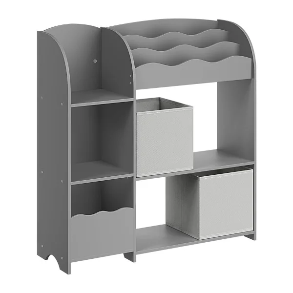 Étagère Livres Gris 3 niveaux et 2 Boites de Rangement Bibliothèque Enfant