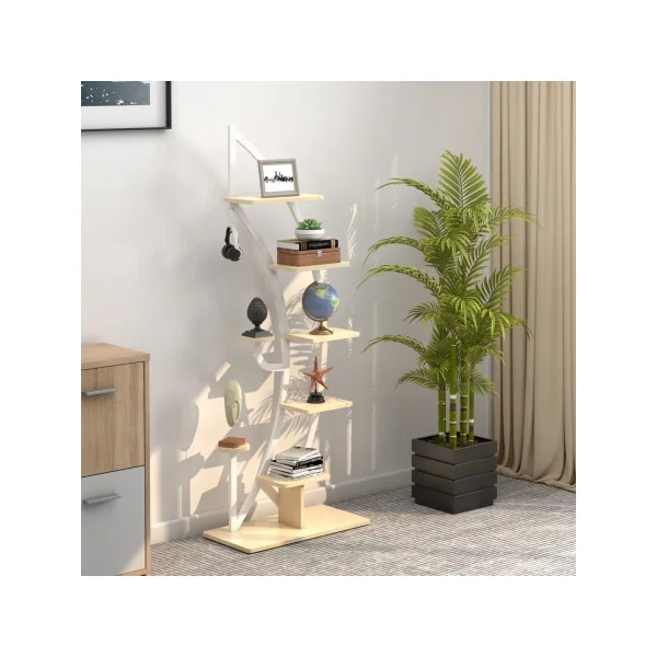 Étagère Plantes Métal Blanc et Bois 7 Niveaux Support Plantes Design Support Pots de Fleurs Etagère Demi Lune