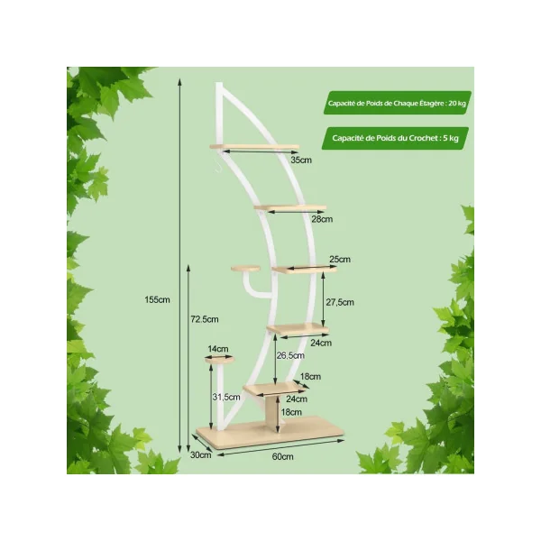 Étagère Plantes Métal Blanc et Bois 7 Niveaux Support Plantes Design Support Pots de Fleurs Etagère Demi Lune